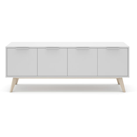 Meuble TV, meuble de salon avec 4 portes en pin coloris blanc/naturel - Longueur 140 x Profondeur 40 x Hauteur 53 cm