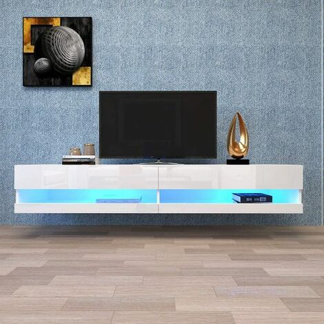 Meuble TV / Meuble de Salon LED Suspendu - 140 cm - Blanc Brillant avec Eclairage LED - 2 Niches Ouvertes - Gris Marbre