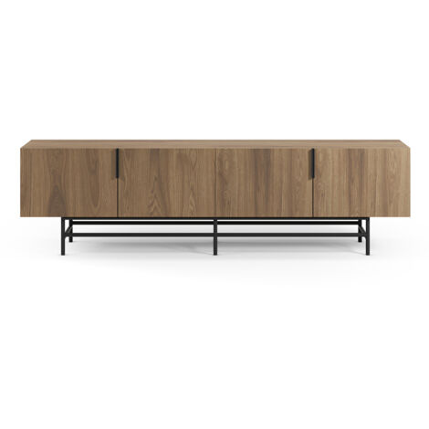 Meuble TV, meuble de salon rectangulaire avec 4 portes aspect bois coloris chêne, pieds en métal noir - Longueur 200 x Profondeur 35 x Hauteur 55 cm