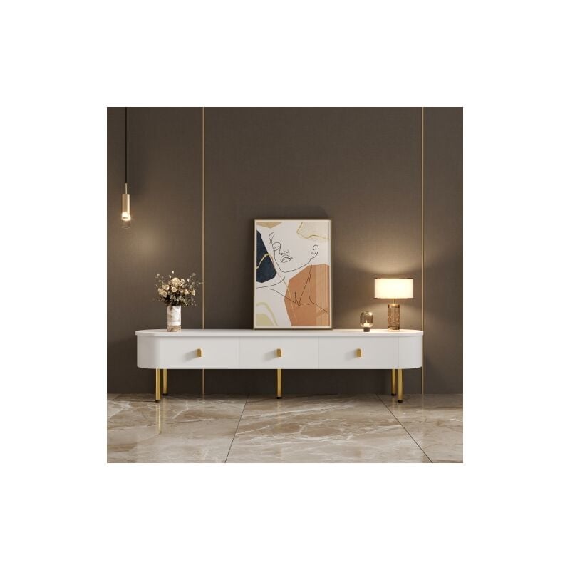 Meuble tv- Meuble de télévision,3 tiroir , rangements, meuble tv d'intérieur,poignées et pieds dorés, Salon, Salle à Manger et Chambre à Coucher-Blanc