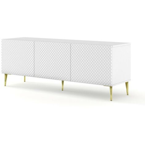 Meuble TV meuble Hi-fi sur pied Blanc Mat 150x42x56cm RAVI C DIAMANT Pied or