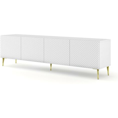 Meuble TV meuble Hi-fi sur pied Blanc Mat 200x42x56cm RAVI C DIAMANT Pied or
