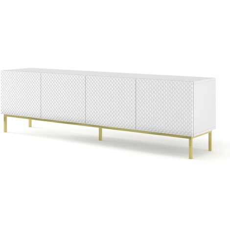 Meuble TV meuble Hi-fi sur pied Blanc Mat 200x42x58cm RAVI C DIAMANT Pied Cadré or