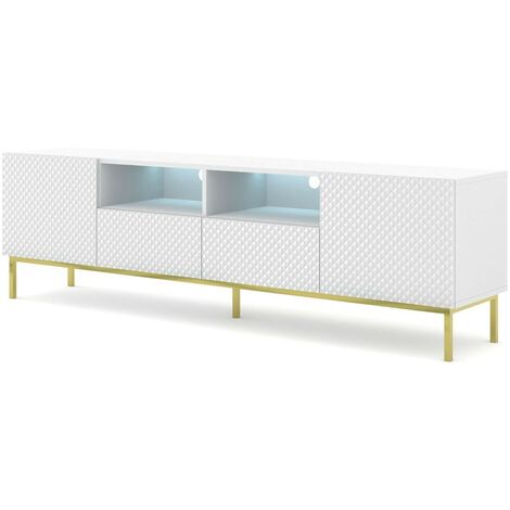 Meuble TV meuble Hi-fi sur pied Blanc Mat 200x42x58cm RAVI CCK Pied Cadré or