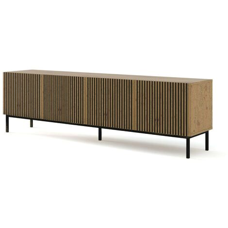 Meuble TV meuble Hi-fi sur pied couleur Chêne artisan 200x42x58cm RAVI F PEINT Pied Cadré noir
