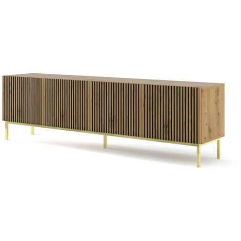 Meuble TV meuble Hi-fi sur pied couleur Chêne artisan 200x42x58cm RAVI F PEINT Pied Cadré or
