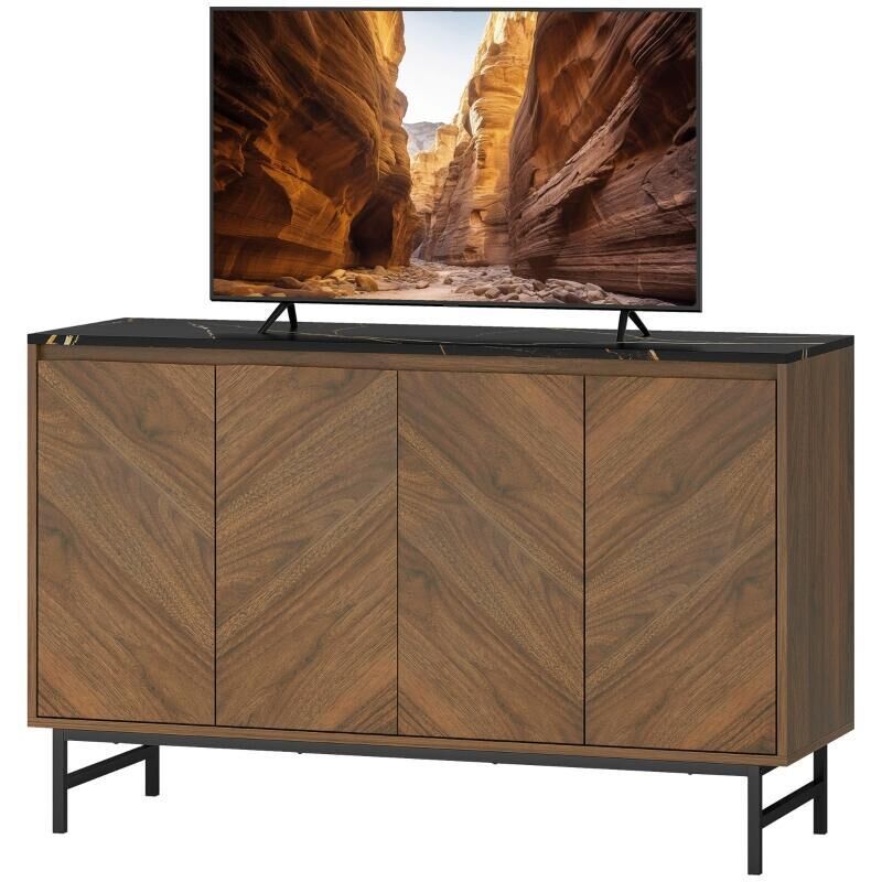 Meuble TV, meuble télé avec 4 portes, plateau effet marbre, étagères réglables, 120x39x76cm, noyer