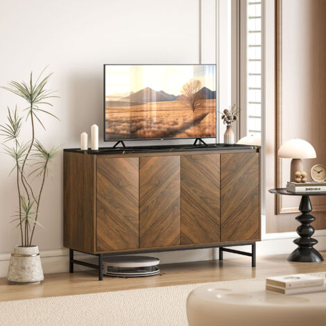 Meuble TV. meuble télé avec 4 portes. plateau effet marbre. étagères réglables. 120x39x76cm. noyer