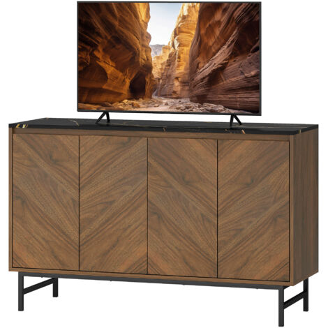 Meuble TV, meuble télé avec 4 portes, plateau effet marbre, étagères réglables, 120x39x76cm, noyer