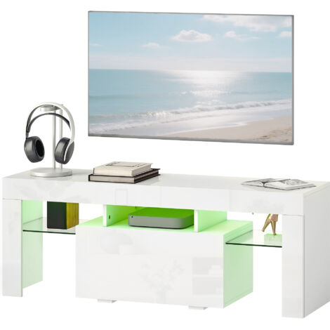Meuble TV, meuble télé avec éclairage LED RGB, haute brillance, étagères en verre trempé, 120x34x45cm, blanc