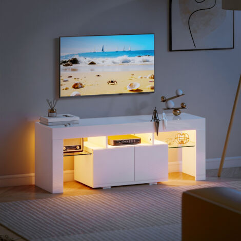 Meuble TV. meuble télé avec éclairage LED RGB. haute brillance. étagères en verre trempé. 120x34x45cm. blanc