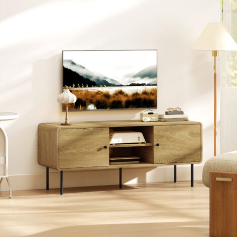 Meuble TV. meuble télé jusqu'à 55 pouces avec 2 portes. 2 compartiments ouverts. pieds en acier. 120x40x50cm. chêne