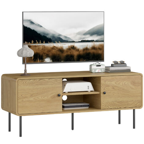 Meuble TV, meuble télé jusqu'à 55 pouces avec 2 portes, 2 compartiments ouverts, pieds en acier, 120x40x50cm, chêne-Chêne