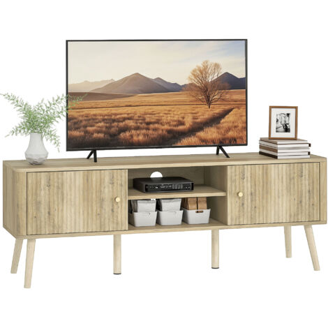 Meuble TV, meuble télé jusqu'à 65 pouces avec 2 portes, 2 compartiments ouverts, étagère réglable, 140x35x49cm, chêne-Chêne