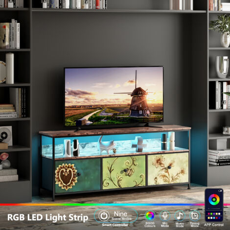 Meuble tv, Meuble tele, Meuble cuisine, Meuble de rangement, Design Moderne en Tiger Oak avec Éclairage LED Intégré et Tiroirs en Tissu Multicouleur, Largeur de 108 cm