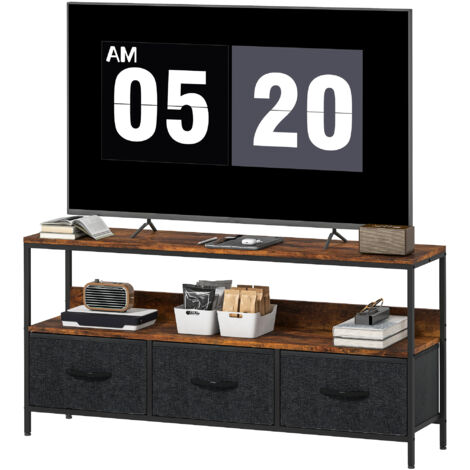 Meuble TV, meuble télé pour téléviseur jusqu'à 55 pouces avec 3 tiroirs et pieds en acier 120 x 29 x 56 cm brun rustique