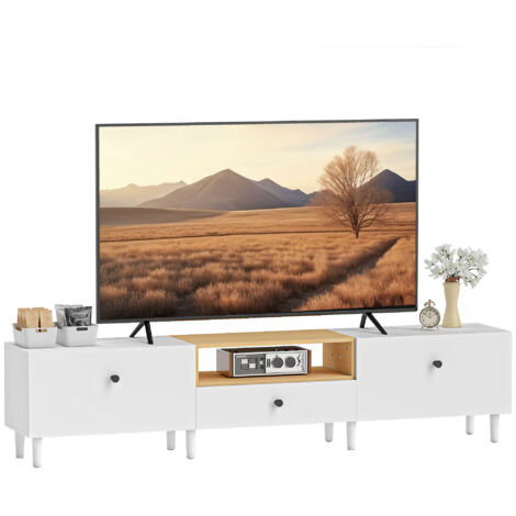 Meuble TV, meuble télé pour téléviseur jusqu'à 90 pouces avec 2 portes rabattables, tiroir, 200 x 35 x 45 cm, blanc
