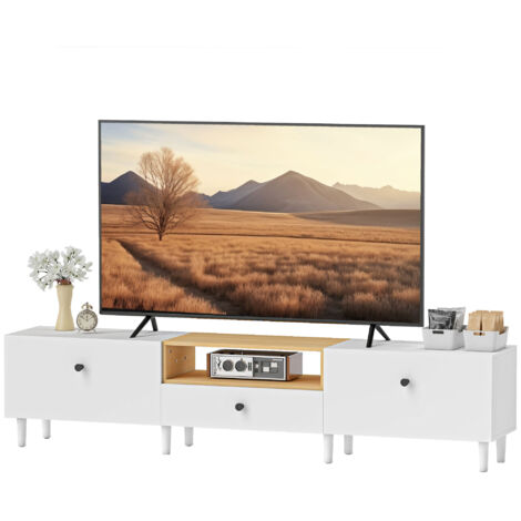 Meuble TV, meuble télé pour téléviseur jusqu'à 90 pouces avec 2 portes rabattables, tiroir, 200 x 35 x 45 cm, blanc