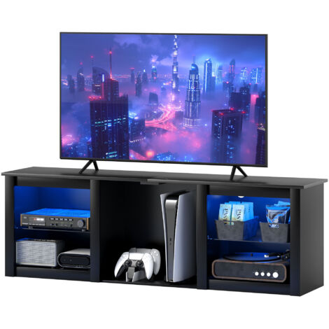 Meuble TV Meuble TV avec éclairage LED pour télévision jusqu'à 65 pouces, 160cm avec étagères en verre réglables, noir