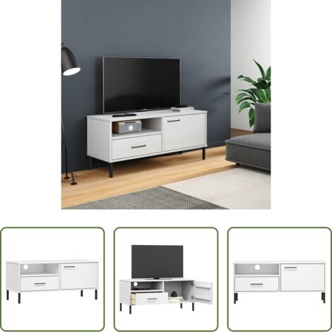 Meuble TV -  Meuble TV avec pieds en métal Blanc Bois de pin massif OSLO