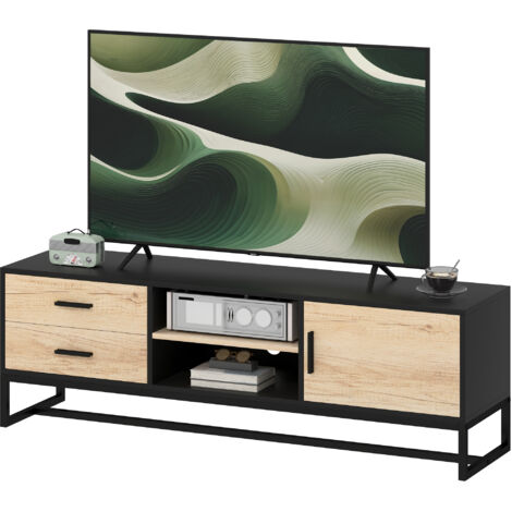 Meuble TV Meuble TV avec porte, 2 tiroirs, compartiments ouverts, étagère réglable, noir