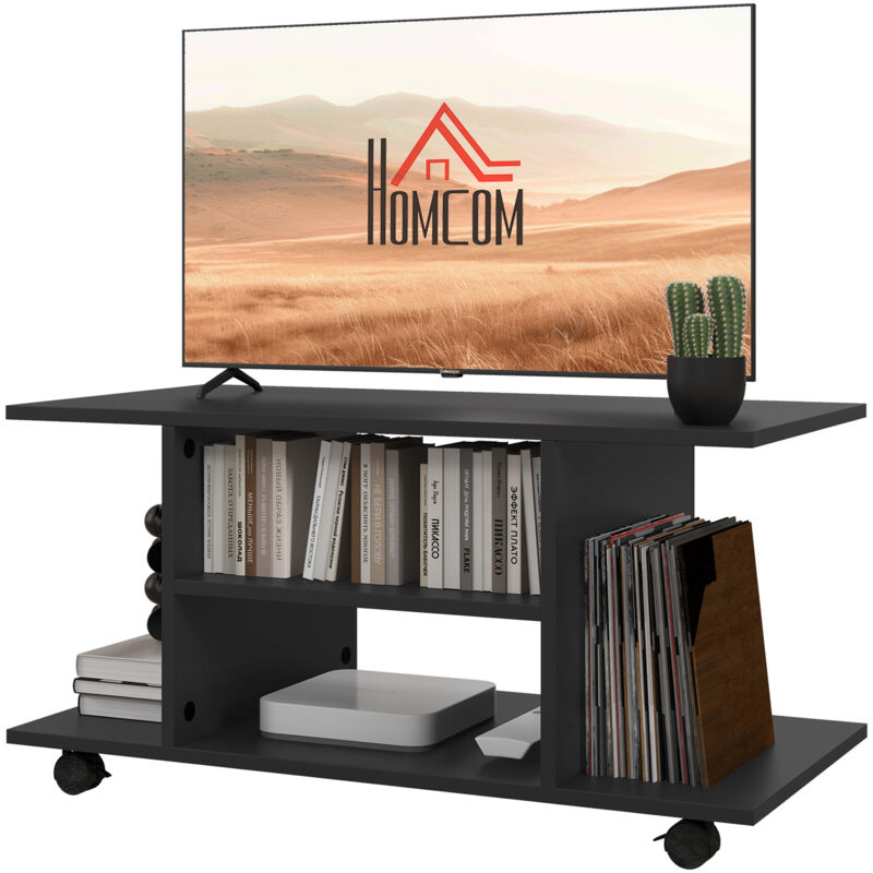 Meuble TV Meuble TV avec roulettes pivotantes, banc TV en bois avec étagères, support télé pour télévision jusqu'à 42 pouces, style contemporain pour