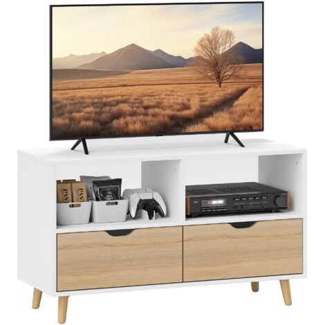 Meuble TV, meuble TV avec tiroirs, étagères ouvertes, bois, 99 x 39 x 58 cm, blanc, convient pour le salon et la chambre.