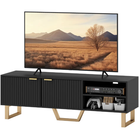 Meuble TV Meuble TV banc TV pour téléviseur jusqu'à 70 pouces - placard à 2 portes cannelées, compartiment ouvert et passe-câbles