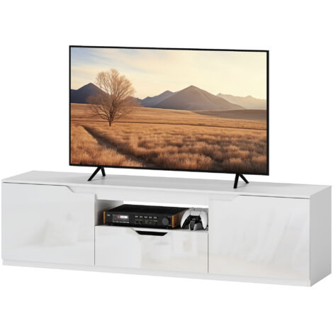 Meuble TV Meuble TV bas, finition laquée brillante, pour téléviseurs jusqu'à 65 pouces, 3 compartiments, tiroir, 160 x 38 x 43 cm, blanc