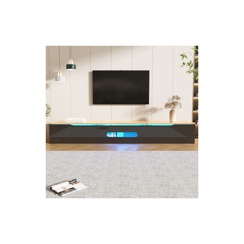 Okwish - Meuble tv noir brillant et couleur bois, meuble tv murale avec lumière led réglable, 180x35x30 cm