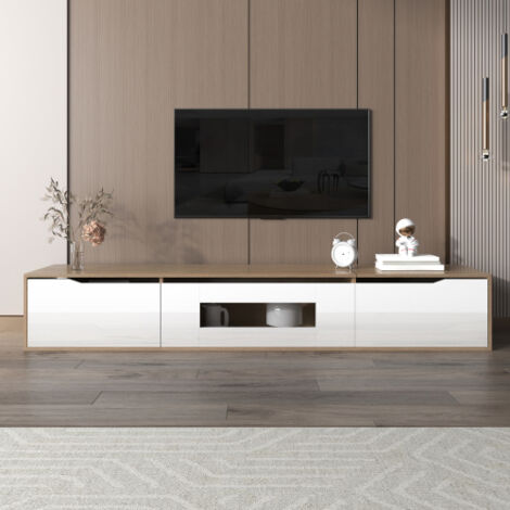 Meuble TV, meuble TV laqué brillant, assorti en blanc brillant et couleur bois, avec éclairage LED à couleurs changeantes.