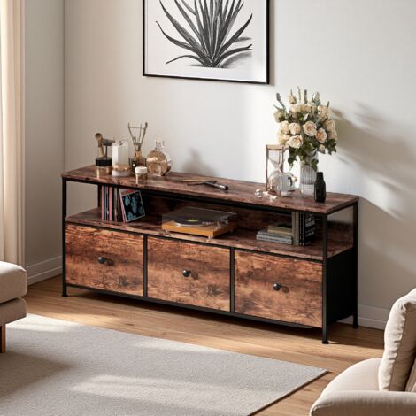 Meuble TV, meuble TV LED, structure métallique, commode, meuble d'appoint, étagères et tiroirs amovibles, étagère de rangement multifonctionnelle, support réglable, tiroir à vêtements, marron (108 x 3