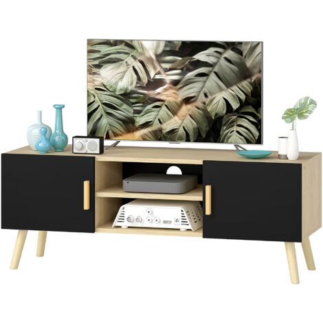 Meuble TV Meuble TV meuble télé bois banc TV jusqu'à 50 pouces avec étagères, 2 placards et passe-câbles, chêne
