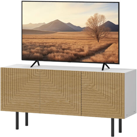 Meuble TV Meuble TV pour jusqu'à 65 pouces avec placards à porte cannelée et passe-câbles pour salon, chambre, effet bois naturel