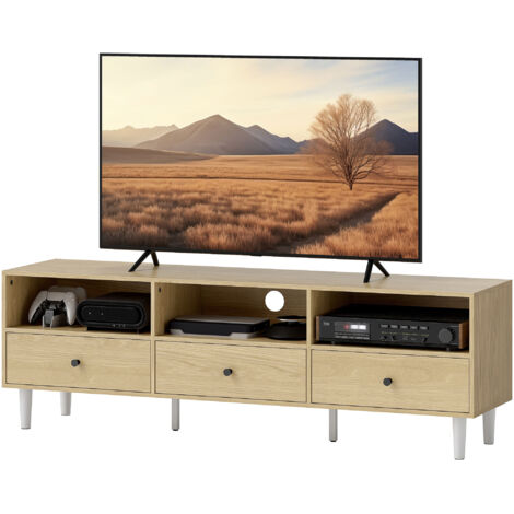 Meuble TV Meuble TV pour jusqu'à 75" avec 3 tiroirs, 3 étagères ouvertes et passe-câbles, 140 x 34 x 45 cm, bois naturel