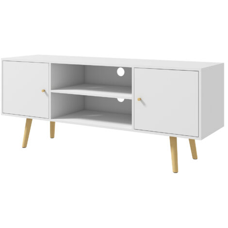 Meuble TV Meuble TV style scandinave 2 portes 2 niches passe-fils piètement bois pin panneaux blanc - 120 x 34 x 50 cm blanc