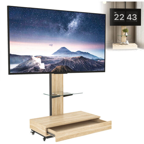 Meuble TV mobile réglable 32-75 pouces avec tiroirs bois naturel L80xP40 cm support TV salon bureau