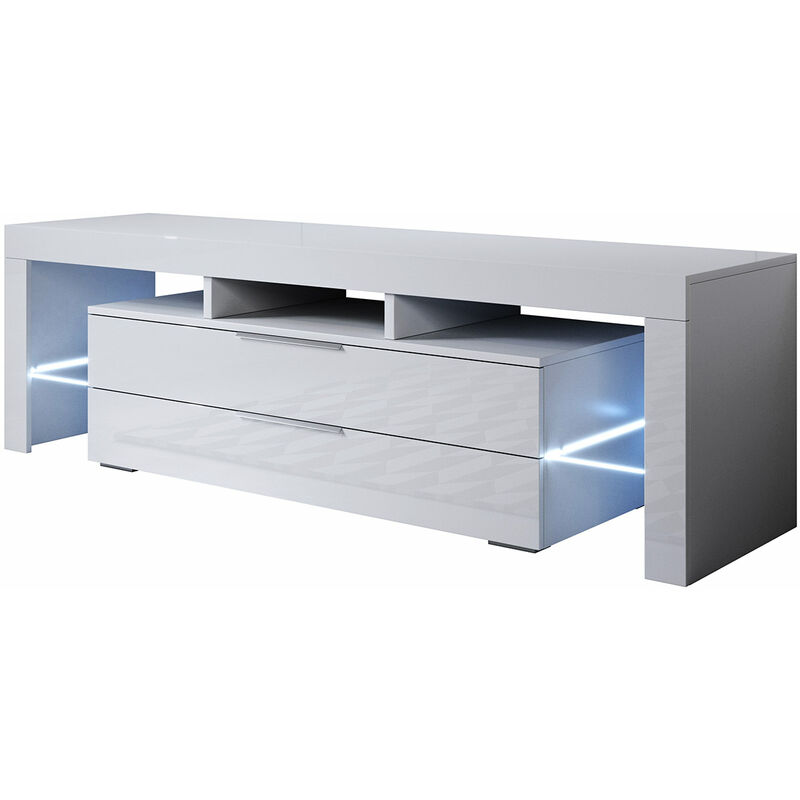 Meuble TV 3 tiroirs 2 étagères avec LED | 160 x 53 x 35cm | Couleur Blanc Finition brillante | Modèle SELMA