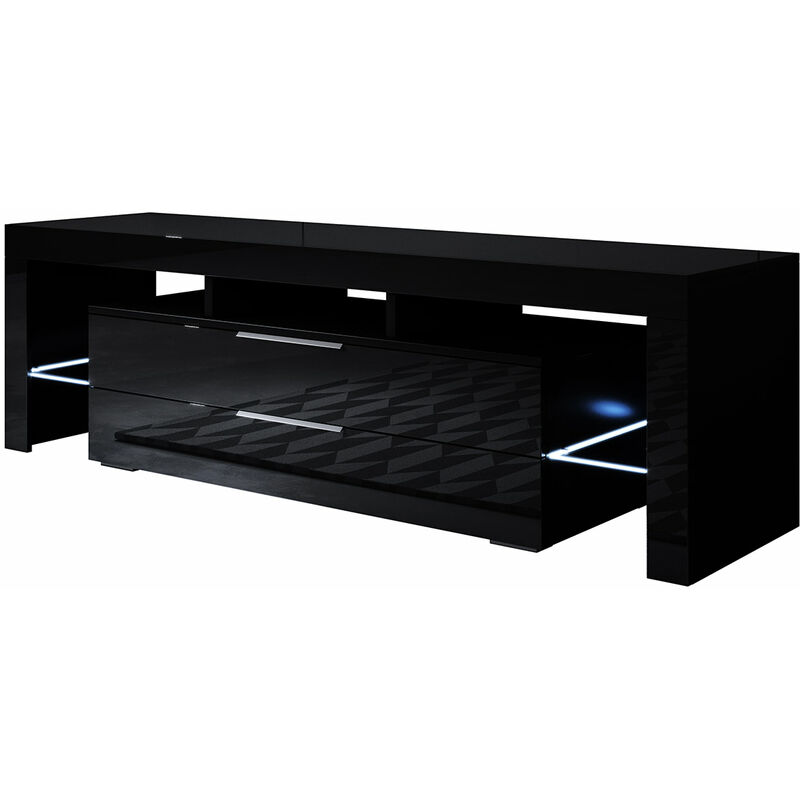 Design Ameublement - Meuble TV 3 tiroirs 2 étagères avec LED | 160 x 53 x 35cm | Couleur Noir Finition brillante | Modèle SELMA