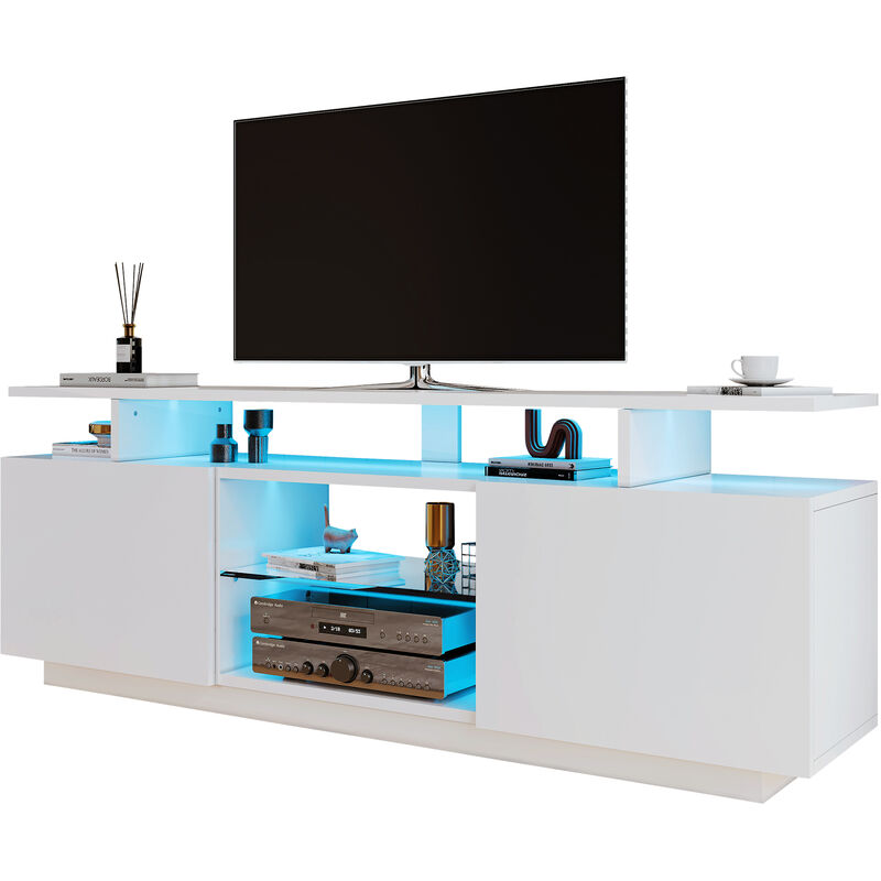 Meuble tv moderne 140cm avec led pour tv 60' - 2 portes et 2 compartiments en verre - Blanc
