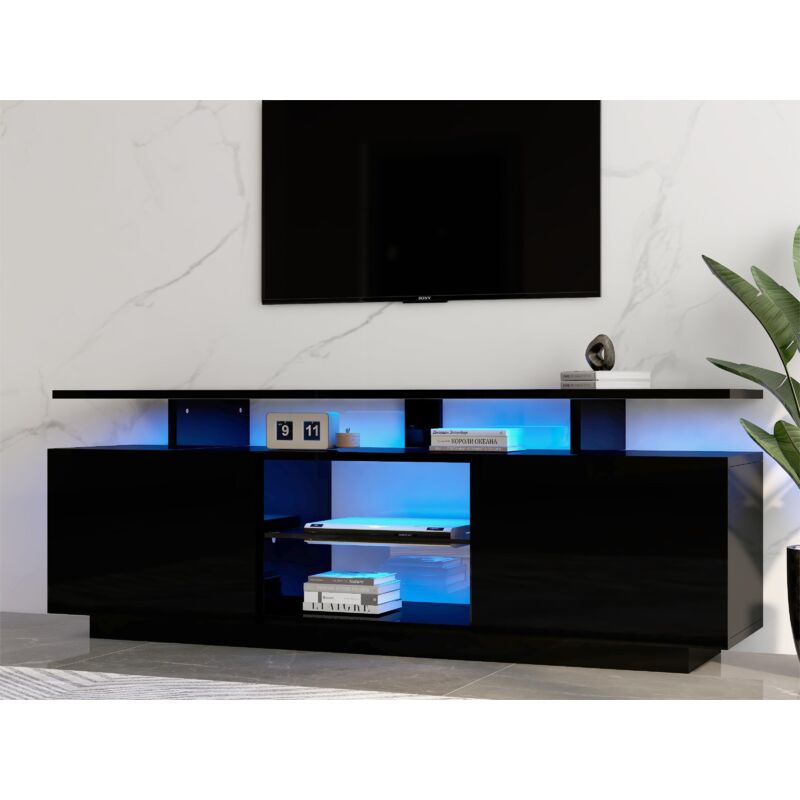Meuble tv 140 cm avec éclairage led en 16 couleurs - avec cloisons vitrées - Noir