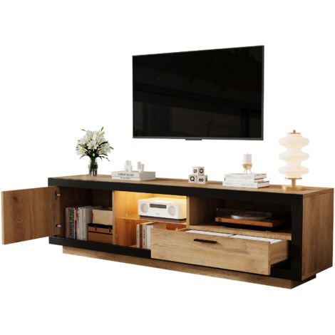 Meuble TV moderne 160x40x50 cm avec 1 tiroir 1 porte, LED, étagère en verre, aggloméré, noir+naturel