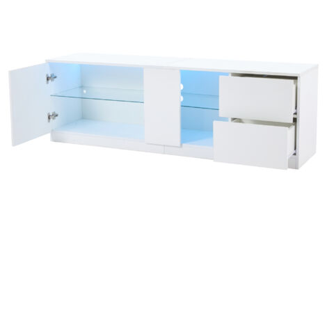 Meuble TV moderne 160x40x52 cm avec 2 tiroirs 1 porte, étagères en verre, LED, blanc