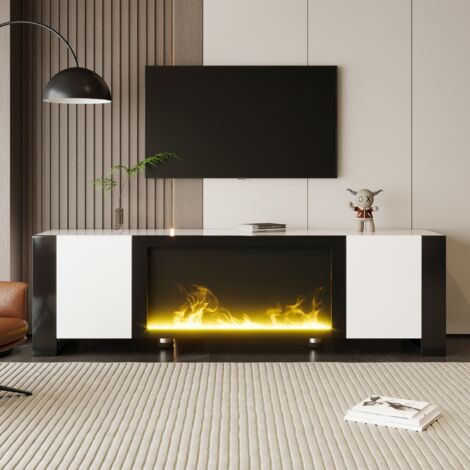 Meuble TV moderne 165 cm, finition brillante, Meuble TV avec cheminée électrique effet flamme, sans fonction chauffage, compartiment de rangement - Blanc