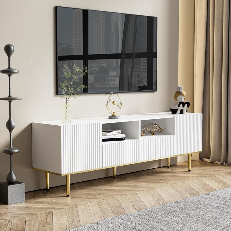 Tanant - Meuble tv moderne 165cm - avec 2 compartiments et 2 tiroirs, grand rangement, pieds métal, style contemporain - Blanc