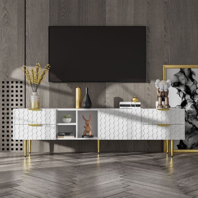 Meuble TV moderne 170cm - 4 tiroirs et 4 compartiments - Blanc & Doré