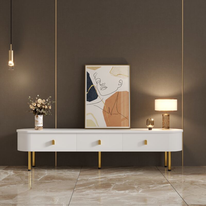Meuble tv moderne 174cm - avec 3 tiroirs de rangement, poignées et pieds dorés, coins arrondis, Meuble Télé pour Chambre, Moderne - blanc