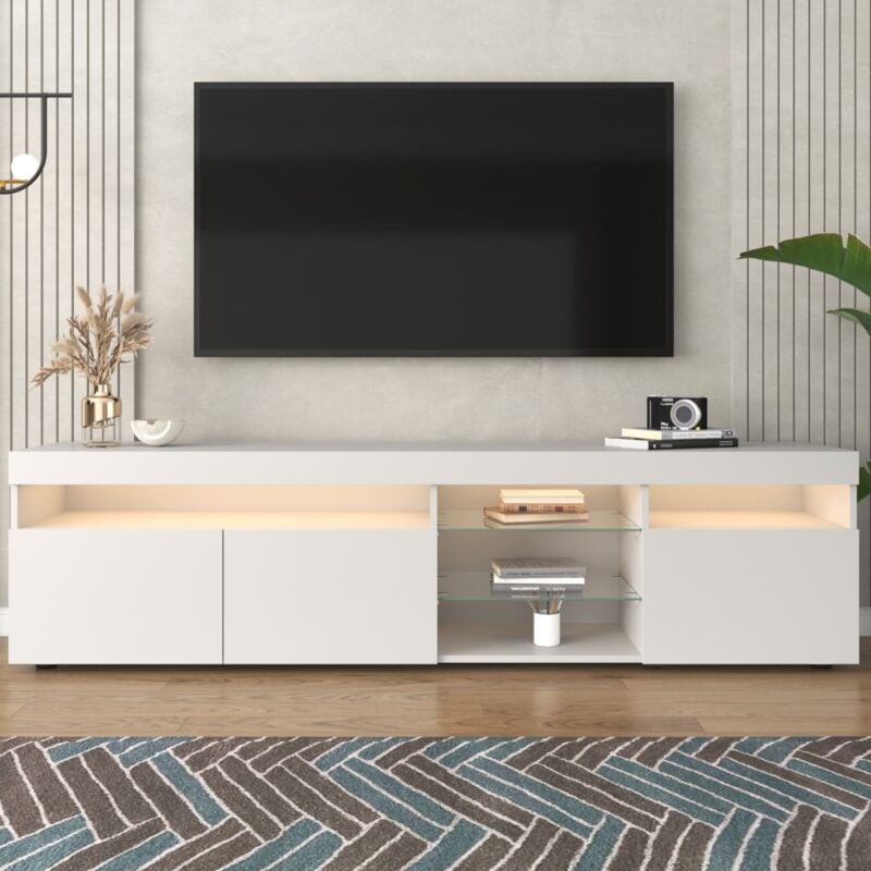 Eifson - Meuble tv moderne 180 cm, avec panneau lumineux et éclairage led dimmable, étagère en verre ouverte et trois portes, 180x35x45 cm, pour