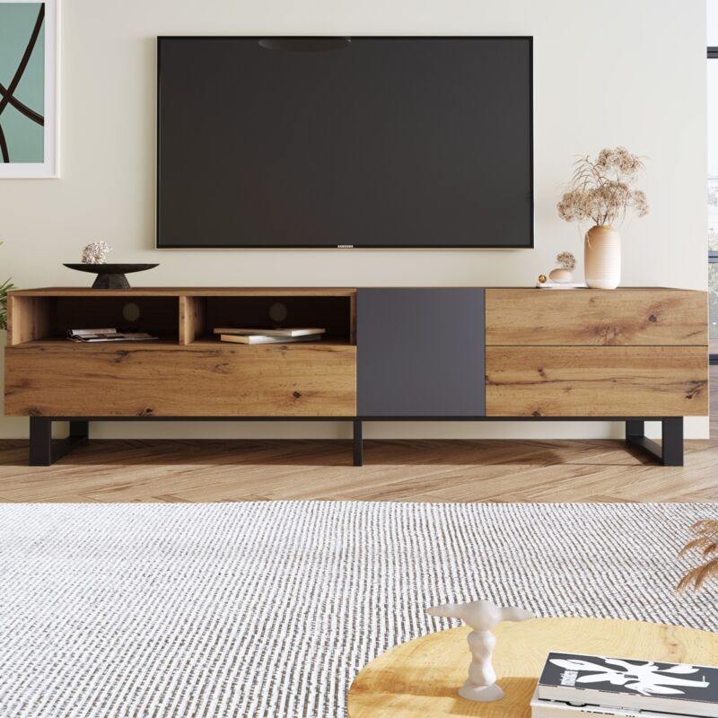 Eifson - Meuble tv moderne 180 cm, finition grain de bois, avec deux compartiments de rangement et deux tiroirs, design color block moderne