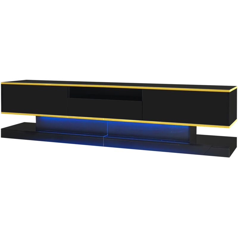 Meuble TV Moderne 180 Cm Noir Brillant Avec LED Et 3 Tiroirs